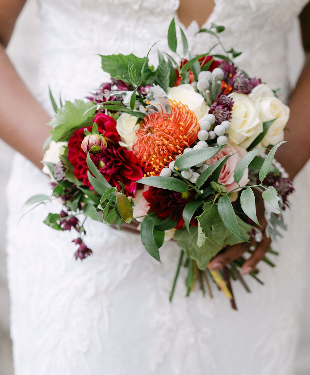 Close-up of autumn inspired bridal bouquet showing texture and floral details