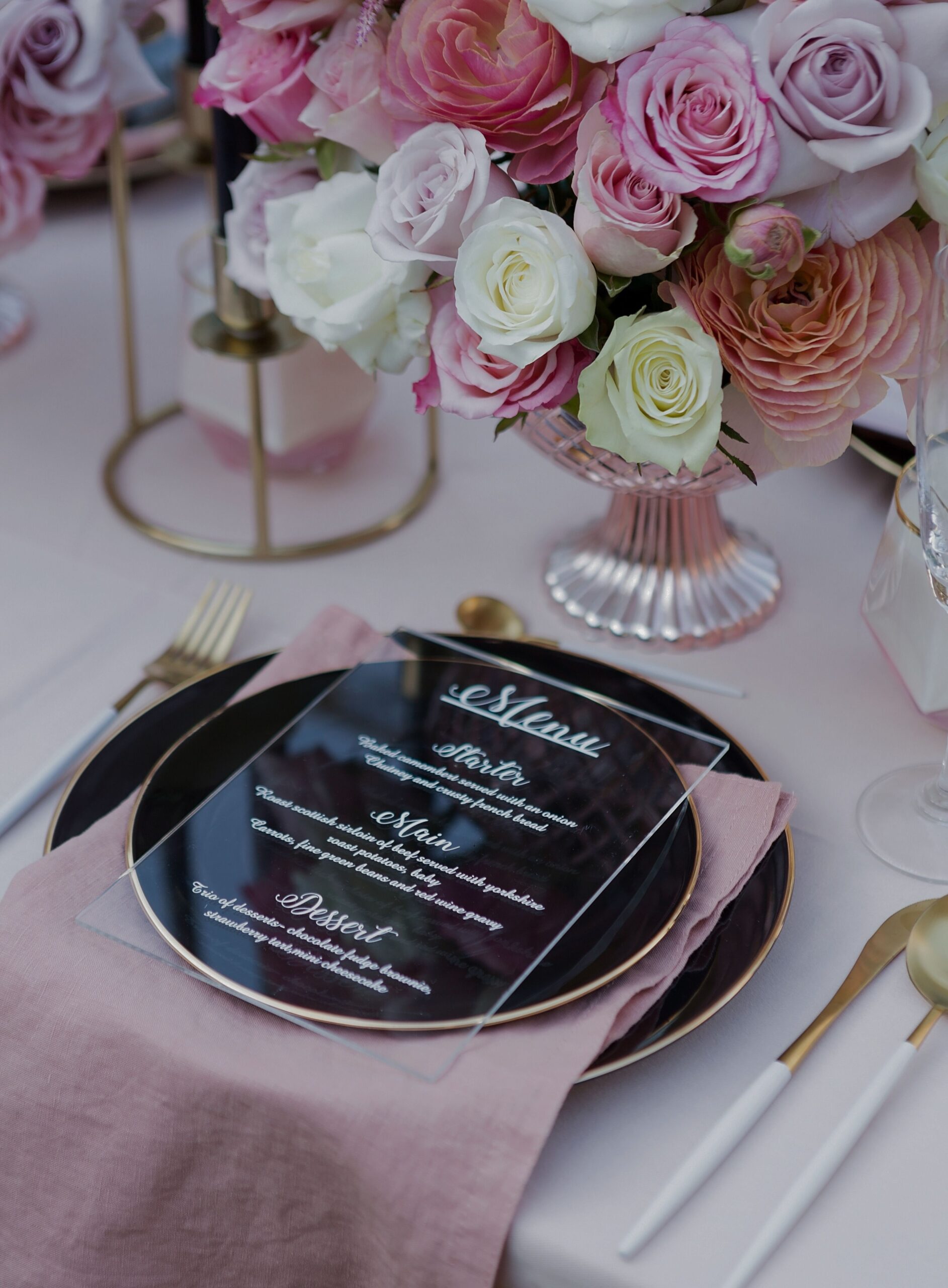 blush pink and black place-setting styled by London wedding planner CyEhis Events